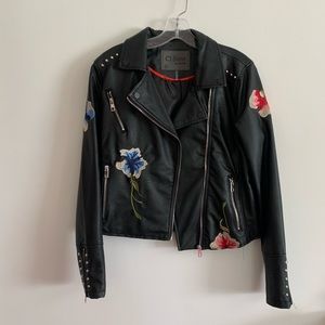 Embroidered fully lined vegan leather moto jacket